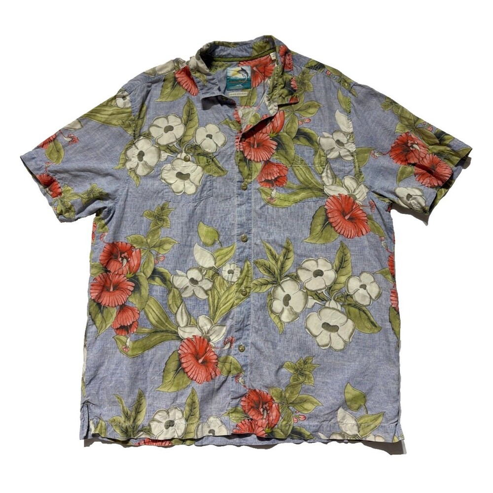 Tommy Bahama Silk Hawaiian Shirt XL Blue Faded Floral Hibiscus Beach Camp Top